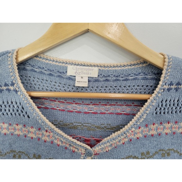 Christopher & Banks Womens Blue Floral Fair Isle Pointelle Cardigan Sweater M - Picture 4 of 8